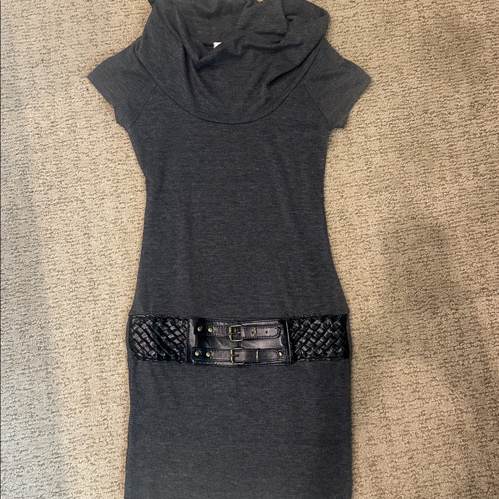 Gray Cowl Neck Dress with Black Belt